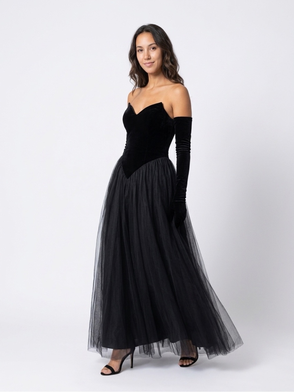Off-Shoulder Black Velvet & Tulle Evening Gown